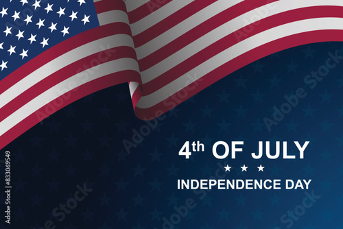 Happy 4th of July USA Independence Day greeting card with waving american national flag and hand lettering text design.  photo