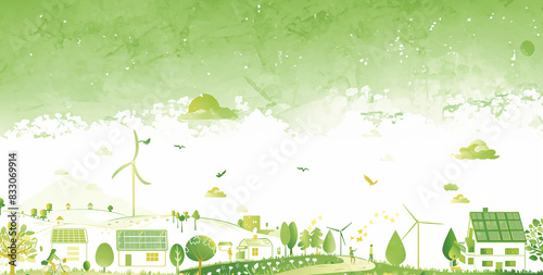 bannière toute verte sur le thème de l'écologie, un monde idéalement respectueux de la planète avec des éoliennes, des panneaux solaires sur les toits, de la végétation, et des gens roulant à vélo.  photo