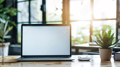 Laptop pc mock up template design on office workplace desk, white mockup empty blank computer screen on office work table business web technology at modern workspace, closeup