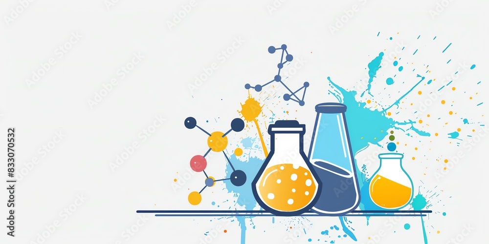 Blue and yellow abstract background with chemical glassware and molecules. Blue and yellow abstract background with chemical glassware and molecules.