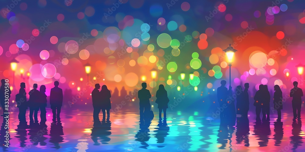 Fototapeta premium Blurred crowd of people walking in the city at night with colorful bokeh lights in the background.