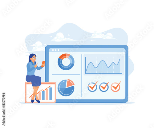 Women analyzing graphs and charts. Planning a marketing strategy. Digital Marketing concept. Flat vector illustration.