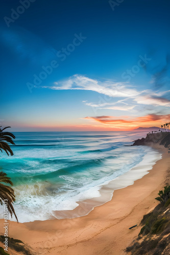 A panoramic view of a sun-soaked california beach with waves