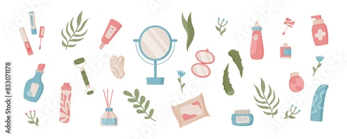 Trendy antiaging skin care product tube collection, flat moisturizing cosmetic jars composition with green leaves, cartoon natural beauty oil bottle, colorful organic skincare pack vector set.