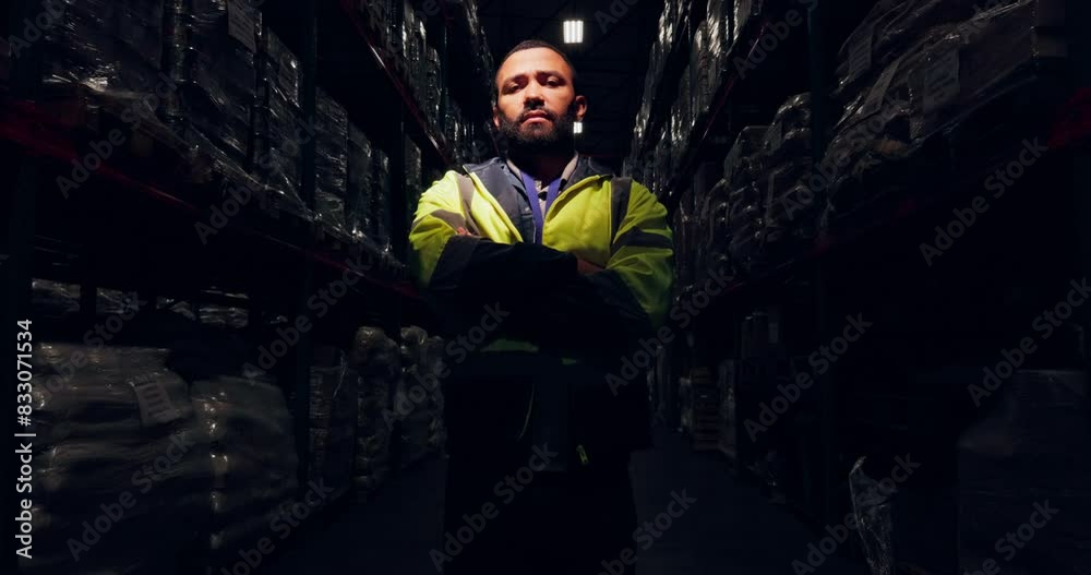 Portrait, night shift and man in warehouse, manufacturing and shipping with career ambition, arms crossed and dark. Face, person and inspector with vest, evening and logistics with quality control Portrait, night shift and man in warehouse, manufacturing and shipping with career ambition, arms crossed and dark. Face, person and inspector with vest, evening and logistics with quality control