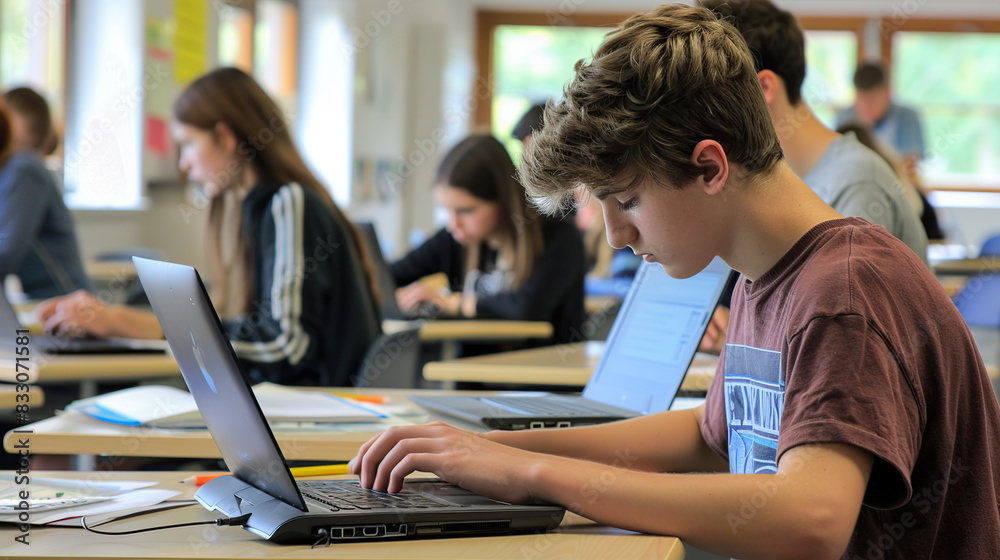 In the computer classroom, students are studying on laptops In the computer classroom, students are studying on laptops