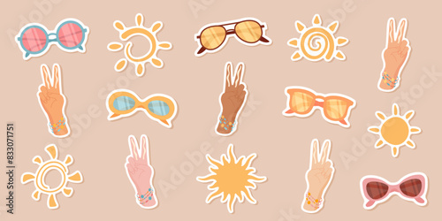 Sunscreen collection with sunglasses hands and sun symbols, isolated uv block sticker set and summer sun glasses, woman hands with two finger rule apply sun protection cream or spf cosmetic product.