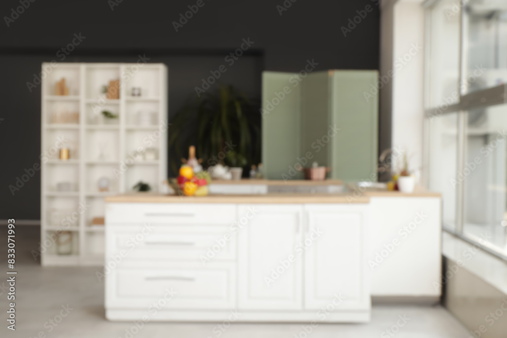 Interior of modern stylish kitchen, blurred view Interior of modern stylish kitchen, blurred view