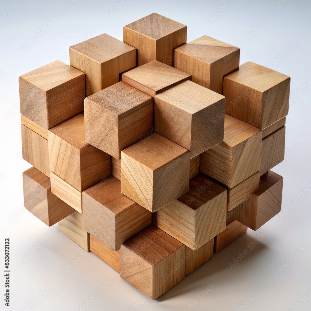 3D Render of a Wooden Block Cube Puzzle, on isolated white background, Generative AI 3D Render of a Wooden Block Cube Puzzle, on isolated white background, Generative AI