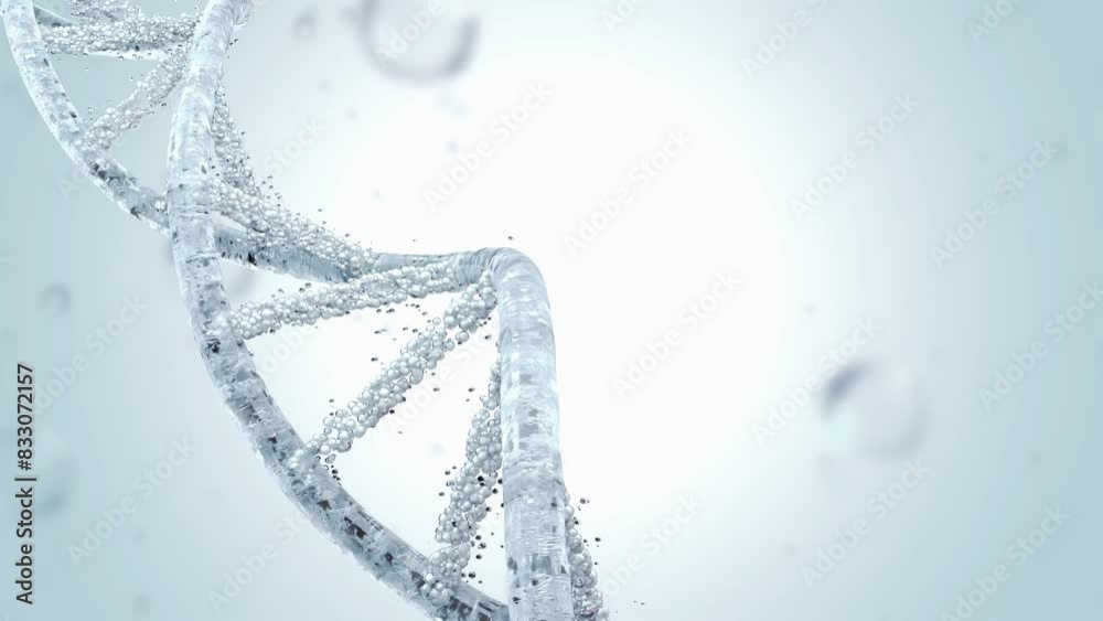 DNA molecule from particles Animation seamless loop. White appearance, transparent. Can be used in education, science or cosmetics industry background.On black background and Green Screen. 3D Render.