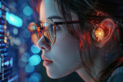 Women in glasses reading html scripts, programming and cyber security research, plus data analytics and holograms of data. A coding or IT person in glasses is reading html scripts, programming © BAIBOON