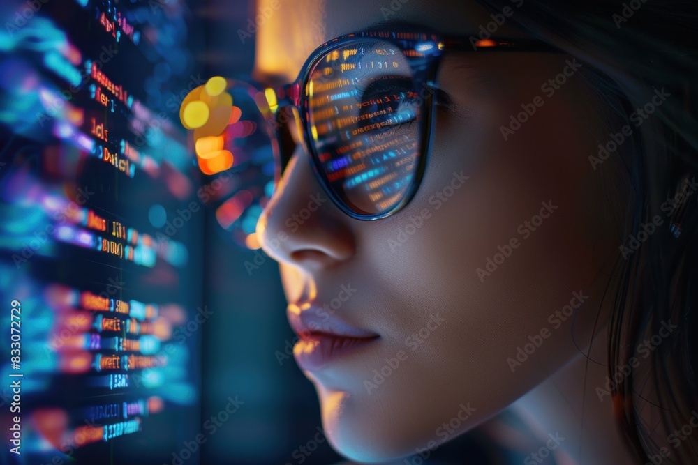 Women in glasses reading html scripts, programming and cyber security research, plus data analytics and holograms of data. A coding or IT person in glasses is reading html scripts, programming Women in glasses reading html scripts, programming and cyber security research, plus data analytics and holograms of data. A coding or IT person in glasses is reading html scripts, programming