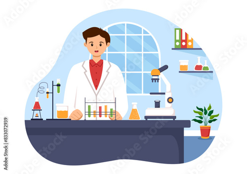 Vector Illustration of a Laboratory Conducting Scientific Research, Experimentation, and Measurement in a Flat Cartoon Style Background