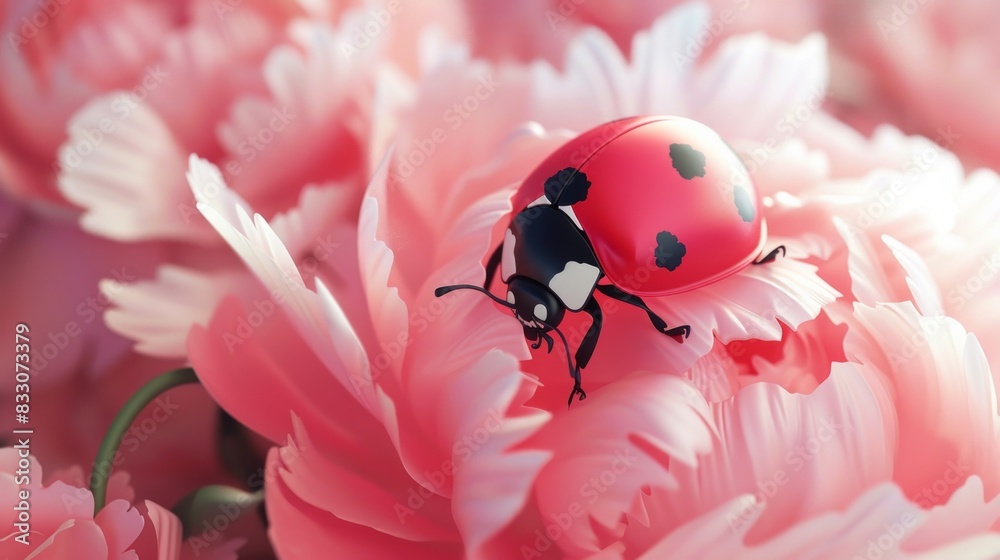 Fototapeta premium Ladybug on pink daisy flower with sun light bokeh background