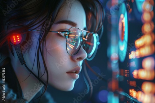 Women in glasses reading html scripts, programming and cyber security research, plus data analytics and holograms of data. A coding or IT person in glasses is reading html scripts, programming