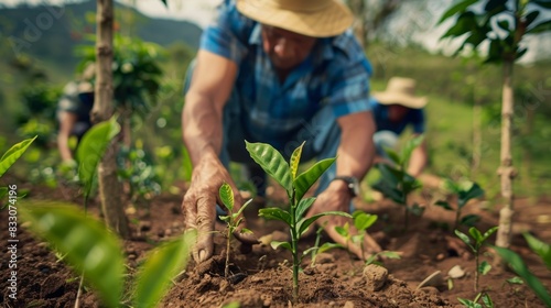Farmers planting new coffee trees  highlighting a focus on sustainable coffee farming practices.