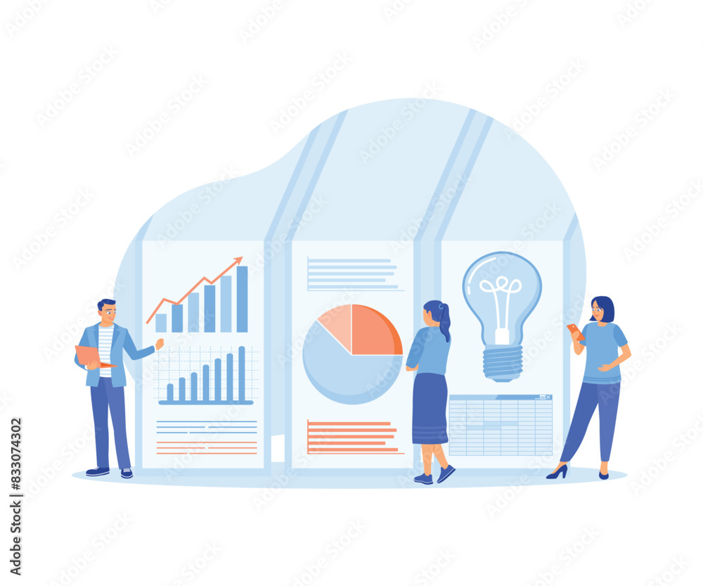 The business team monitors data, graphs, and charts. Developing ideas for financial investments. Data Analysis concept. Flat vector illustration. The business team monitors data, graphs, and charts. Developing ideas for financial investments. Data Analysis concept. Flat vector illustration.