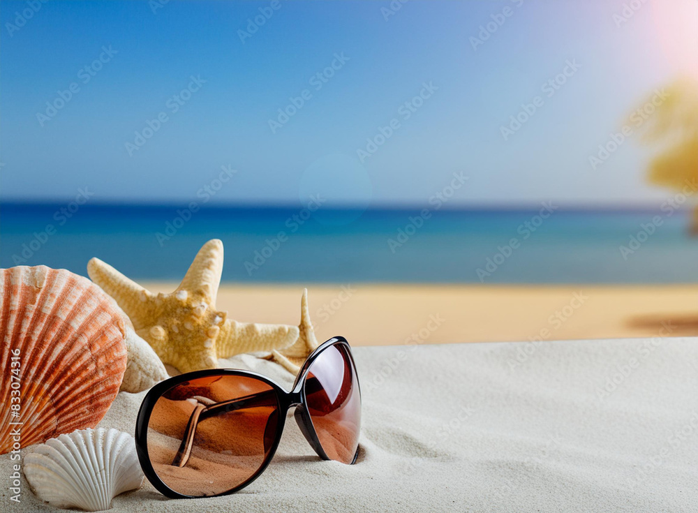 Beach background with beach elements and copyspace; sea sand, shells, starfish, sunglasses.