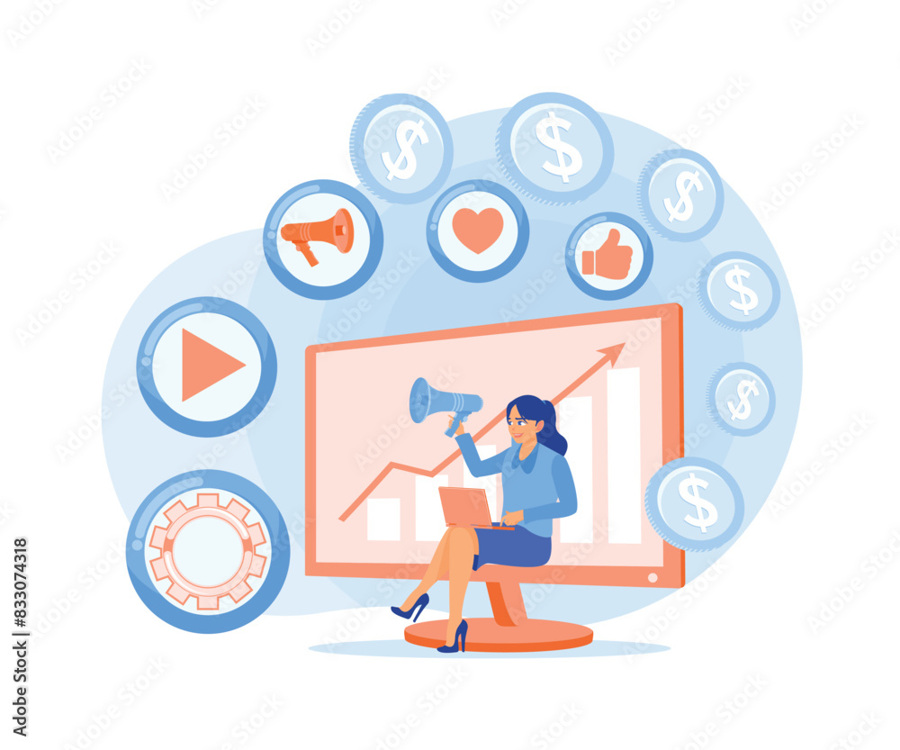 Woman talking using megaphone. Placing advertisements to increase business targets. Digital Marketing concept. Flat vector illustration. Woman talking using megaphone. Placing advertisements to increase business targets. Digital Marketing concept. Flat vector illustration.