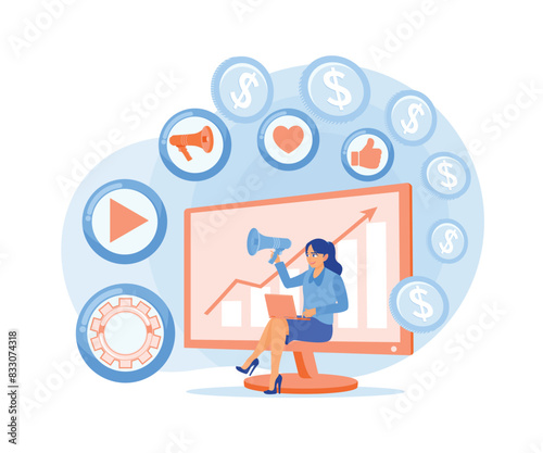 Woman talking using megaphone. Placing advertisements to increase business targets. Digital Marketing concept. Flat vector illustration.