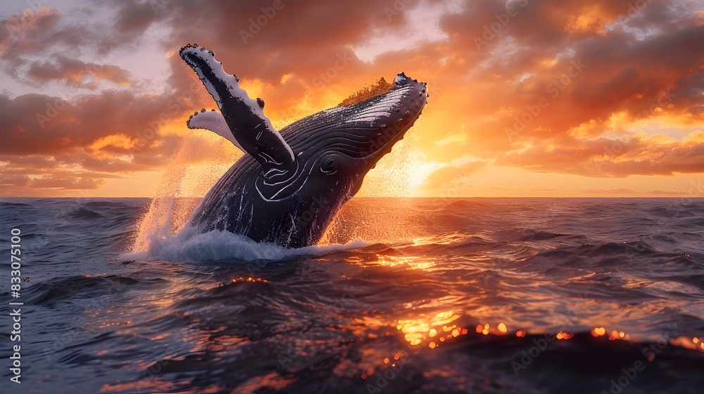 Fototapeta premium Majestic Humpback Whale Breaching the Dramatic Sunset Ocean