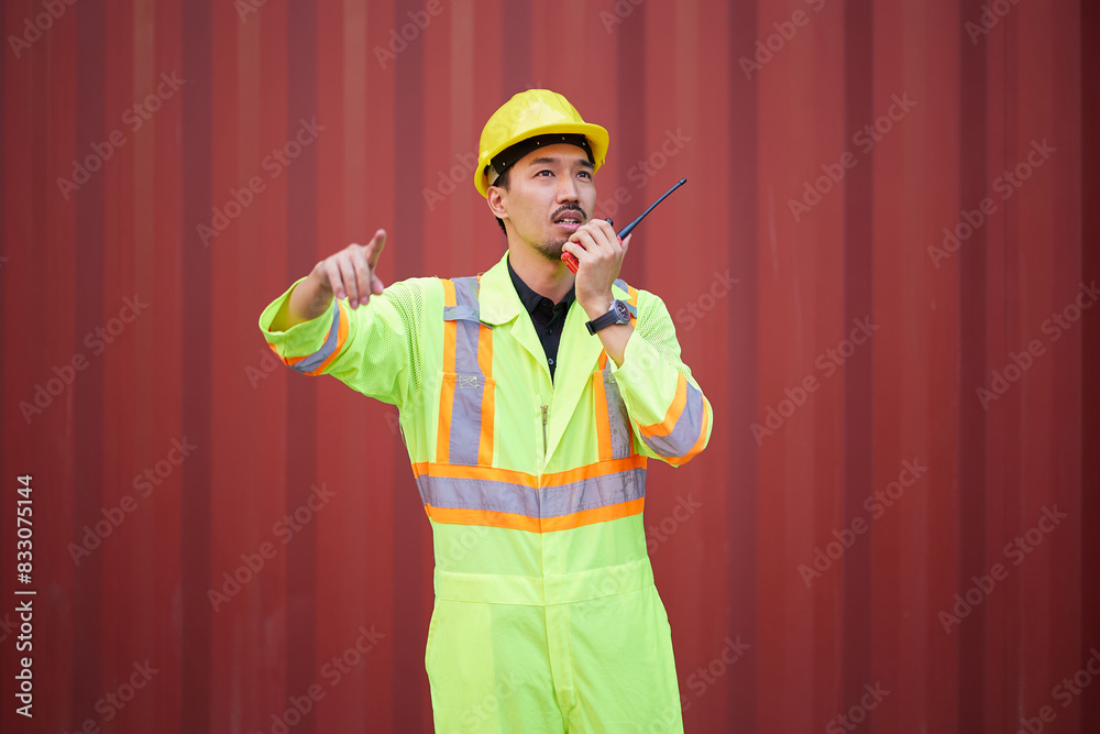 worker or engineer using walkie talkie and talking about work in containers warehouse storage worker or engineer using walkie talkie and talking about work in containers warehouse storage