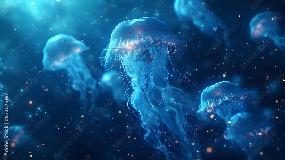 Naklejka premium Mysterious Glowing Creatures Illuminating the Depths of the Enchanting Oceanic Abyss