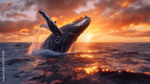 Majestic Humpback Whale Breaching the Dramatic Sunset Ocean © Thares2020