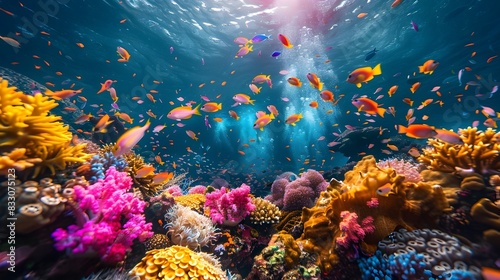 Vibrant Coral Reef Teeming with Diverse Marine Life in Lively Underwater Scene