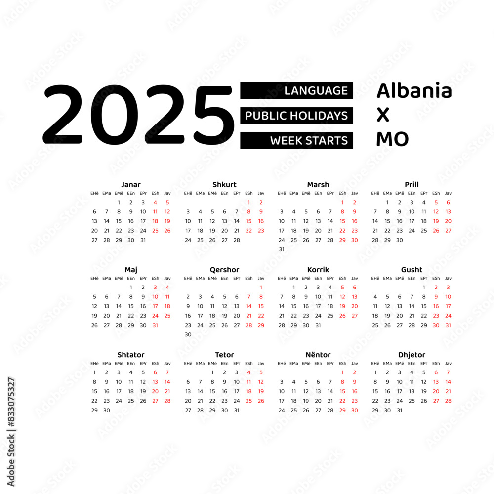 Albania Calendar 2025. Week starts from Monday. Vector graphic design. Albanian language. Albania Calendar 2025. Week starts from Monday. Vector graphic design. Albanian language.