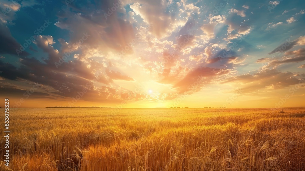 Obraz premium Beautiful cloudy sunset or sunrise over summer wheat field in the countryside during harvest season