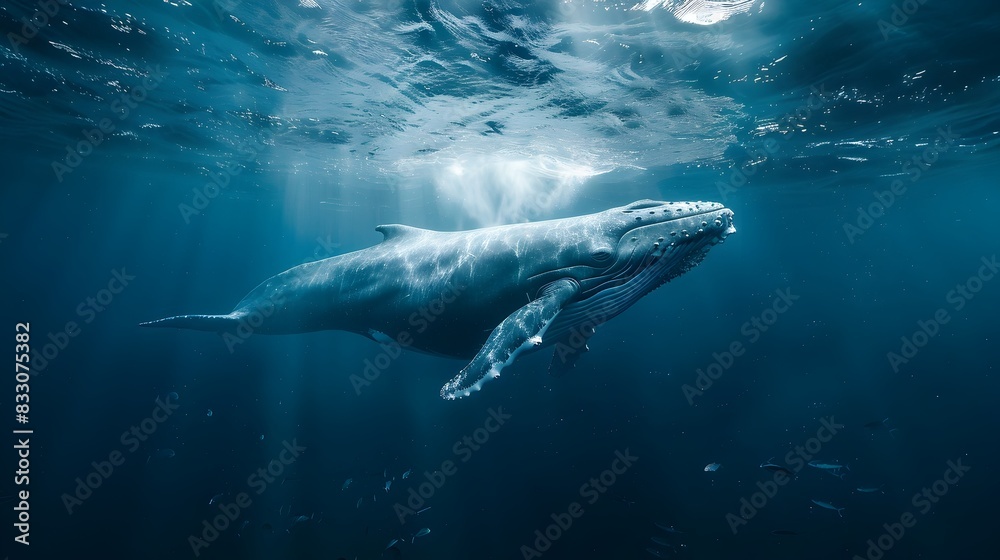 Fototapeta premium Majestic Blue Whale Swimming Gracefully Through the Vast and Mysterious Depths of the Deep Ocean Commanding Awe and Inspiring a Sense of Wonder for