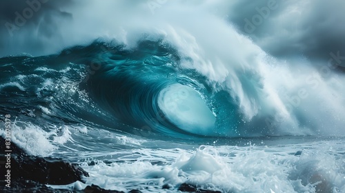 Powerful Wave Crashing Against Rocky Coastline in Dramatic Stormy Ocean Seascape