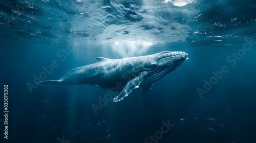 Majestic Blue Whale Swimming Gracefully Through the Vast and Mysterious Depths of the Deep Ocean Commanding Awe and Inspiring a Sense of Wonder for