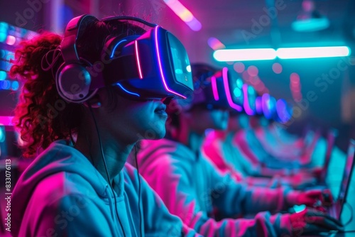Group of gamers wearing VR headsets, immersed in a virtual reality game in a neon-lit room, experiencing futuristic technology. © Pairat