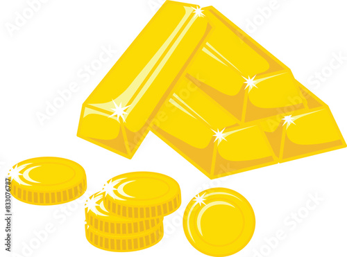 Set of Golden bars and coins Isolated on transparent background. Vector realistic set of pure gold bullions and coins. Concept of wealth, money, asset investment, finance and business. 