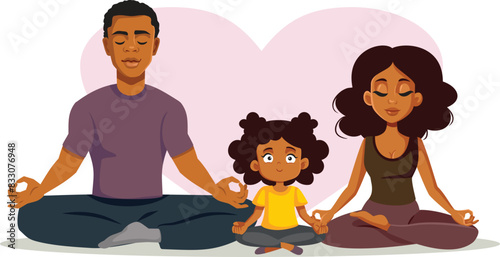 Happy Cheerful Family of African Ethnicity Vector Cartoon. Cheerful mother and father with her little girl exercising 
