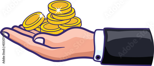 Businessman hand receive and holds gold coin, concept of financial reward. Vector cartoon business and finance