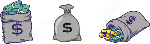 Set of Money bag, green cash, dollar coins and banknotes in  vector illustration.