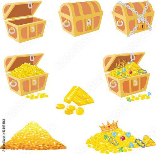 Set of Cartoon chest, piles of gold and jewels, diamond, pearl necklace, crown, pirate treasures. Locked and Open wooden treasure box with golden coins and gems vector 