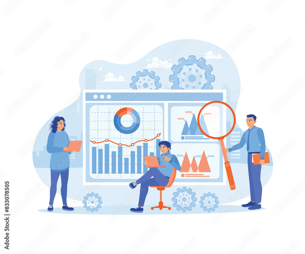 Business team holding presentation. Analyze the market and optimize SEO. Market Research concept. Flat vector illustration. Business team holding presentation. Analyze the market and optimize SEO. Market Research concept. Flat vector illustration.
