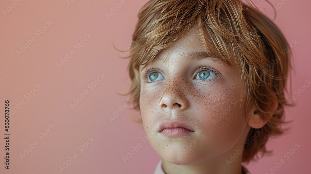 thoughtful child portrait of a boy gazing into the distance, set against a muted pink background thoughtful child portrait of a boy gazing into the distance, set against a muted pink background