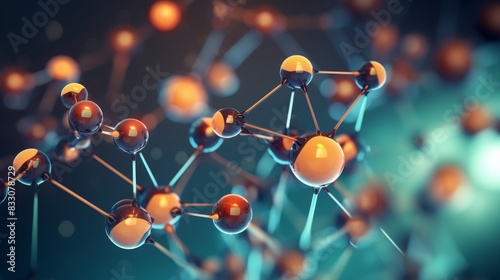 Futuristic 3D Illustration of Molecules and Atoms in a Science Laboratory Setting. Molecular Structure Visualization for Medical Research and Education.
