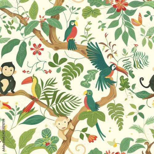 seamless jungle pattern with monkeys, parrots, and elephants