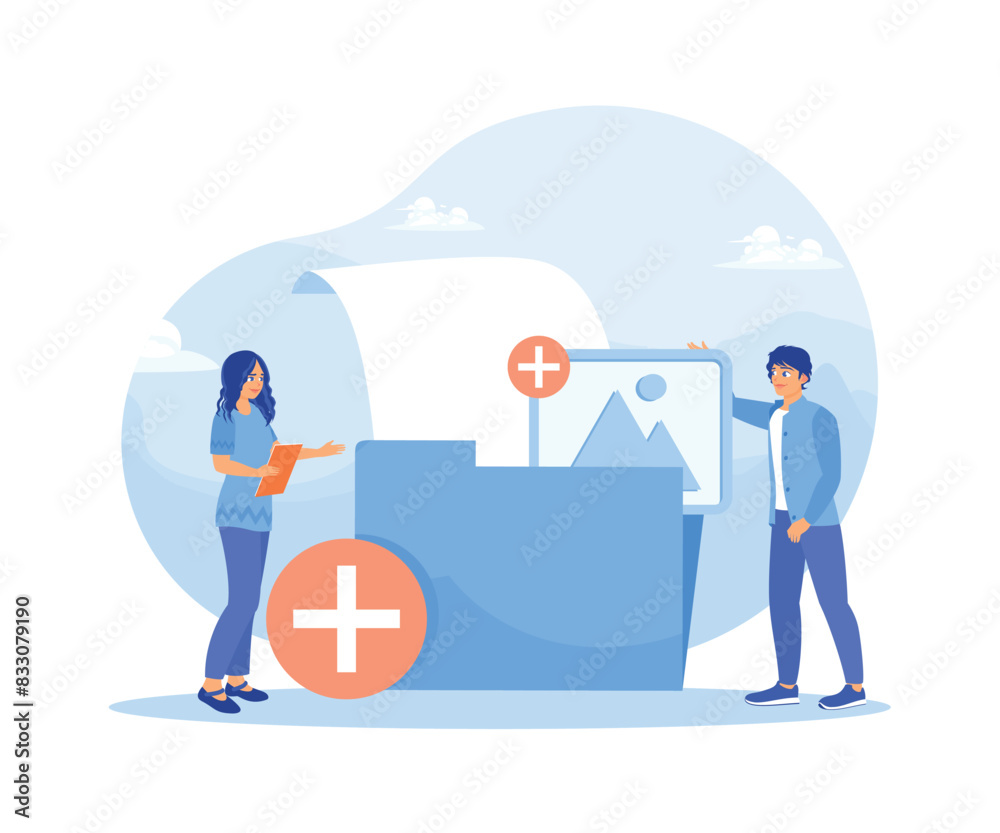 The worker added a file to a large folder. Saving and indexing files. Storage concept. Flat vector illustration. The worker added a file to a large folder. Saving and indexing files. Storage concept. Flat vector illustration.