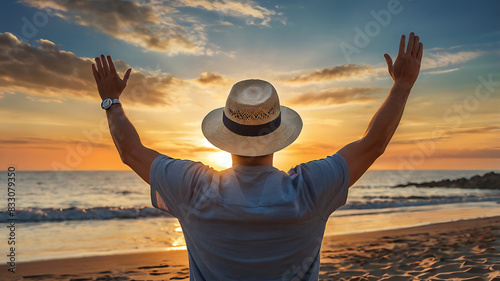 Rear View portrait of a Happy man raising arms up enjoying sunset on the beach wearing Summer Hat, looking towards morning sunrise, traveling, wellness, summer vacation and healthy lifestyle concept 
 photo