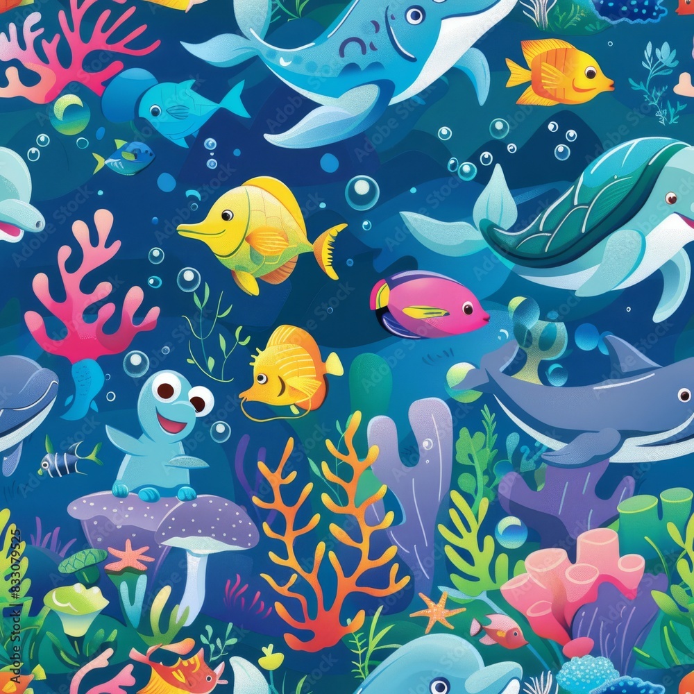 Naklejka premium seamless underwater pattern coral with fish, turtles, and dolphins