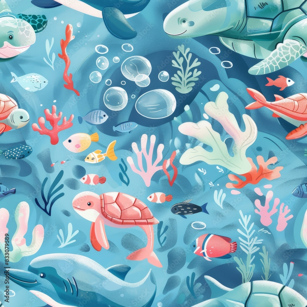 seamless underwater pattern coral with fish, turtles, and dolphins seamless underwater pattern coral with fish, turtles, and dolphins