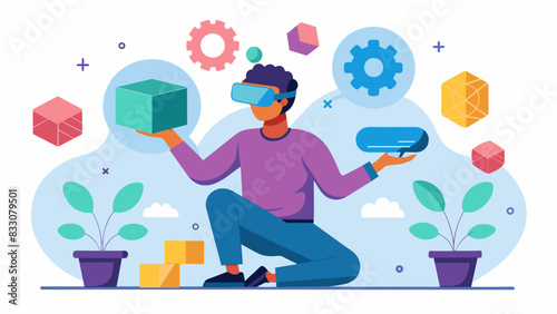 Improve your mindbody coordination and dexterity as you manipulate objects and solve puzzles in a virtual reality environment.. Vector illustration