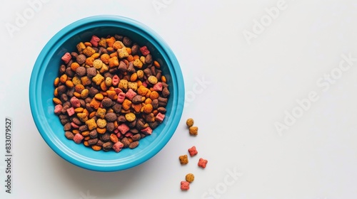 Pet food in a blue dish on a white backdrop